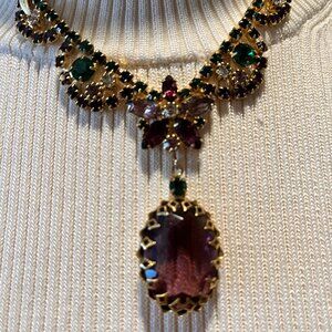 Vintage Purple & Green Rhinestone Goldtone Necklace